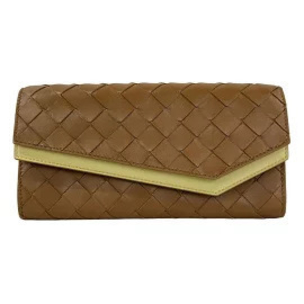BOTTEGA VENETA Flap Wallet Maxi Intrecciato Long Brown x Beige Cream Leather